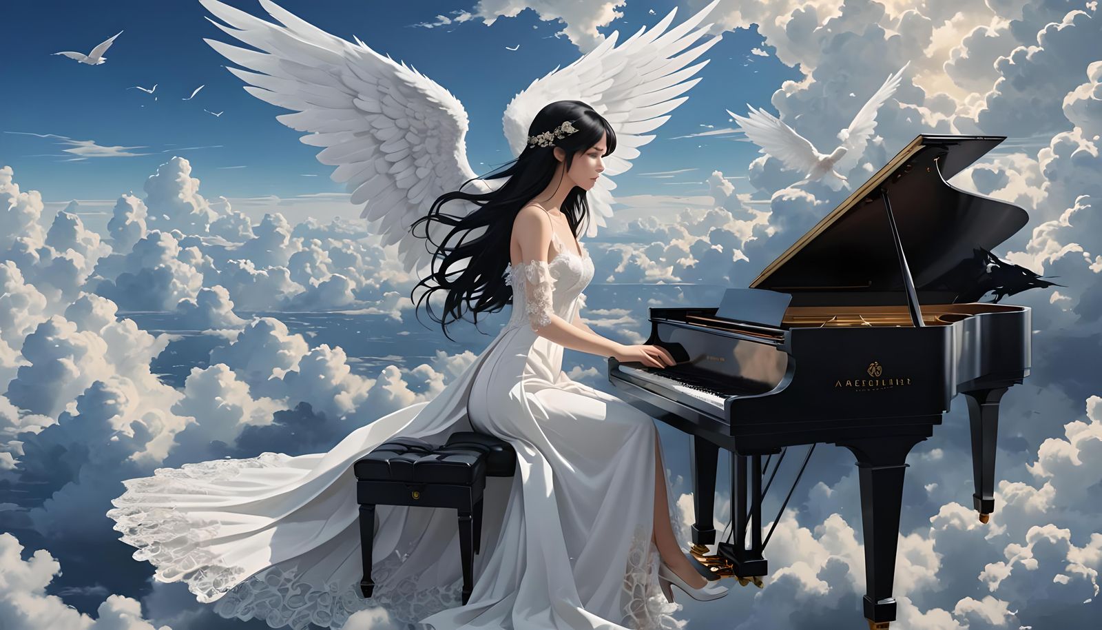 Angel Playing Piano on Clouds: Anime Style Art
