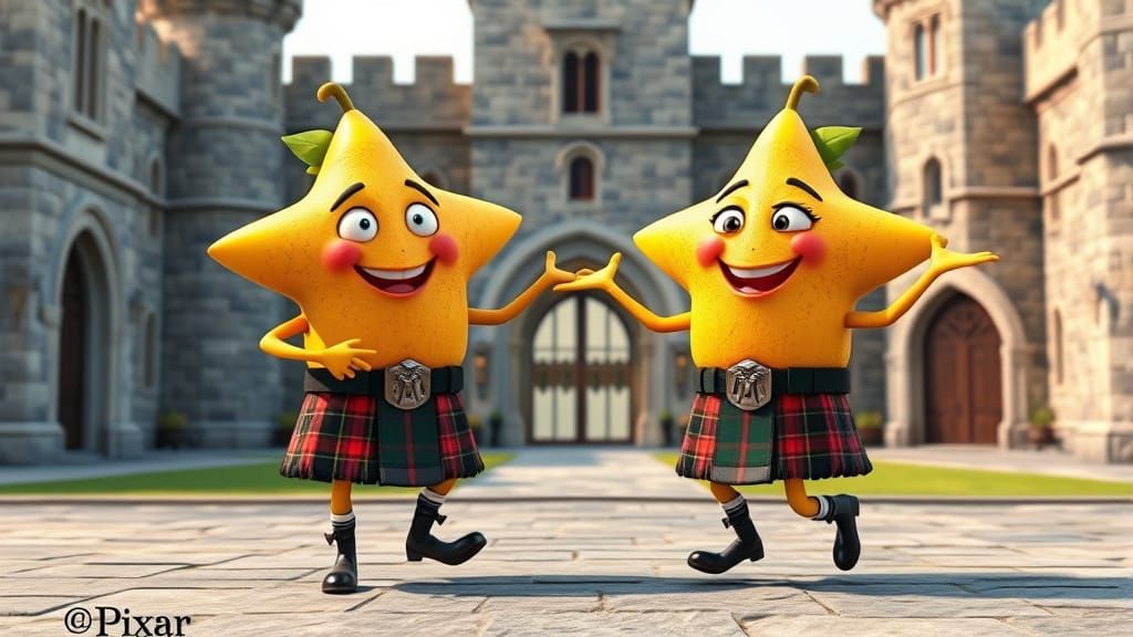 Adorable Star-Fruit Dancers in Kilts on a Castle Forecourt