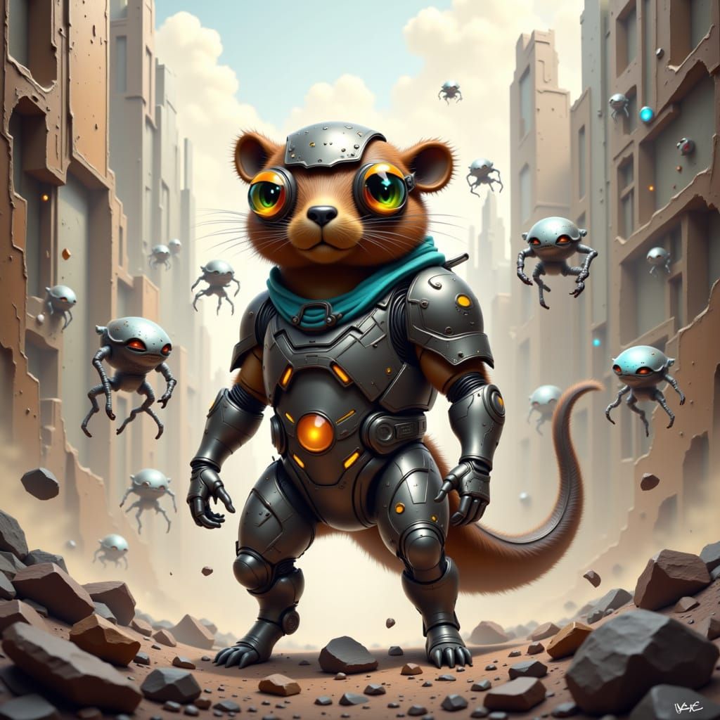 Cybernetic Capybara Hero in Dystopian Future