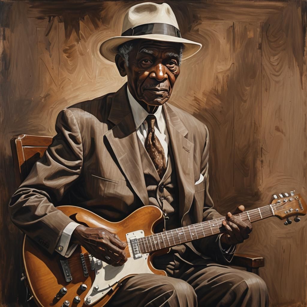 Elderly Man Playing Guitar in Stylized Painting