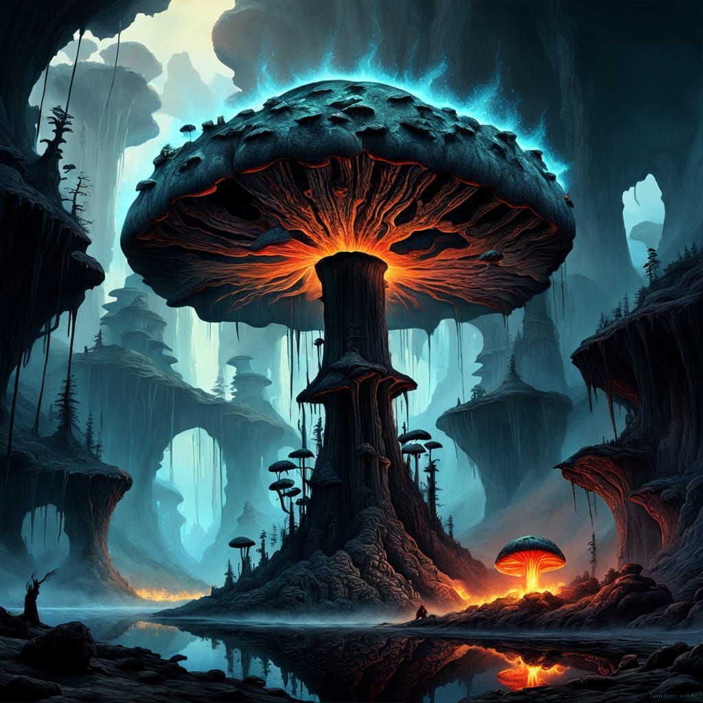Surreal Biomechanical Mushroom Creature Emerges from Obsidia...