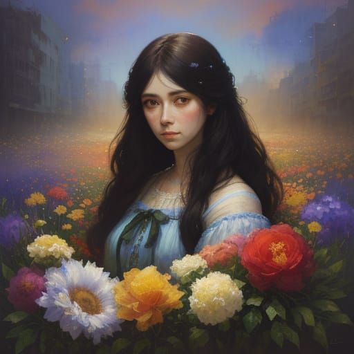 Sad Fluffy Puppy Among Colorful Flowers