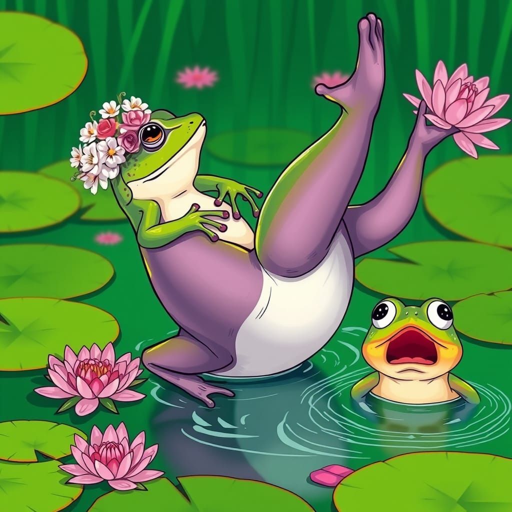 Froggy Surprise: A Playful Pond Scene in Pop Art Style