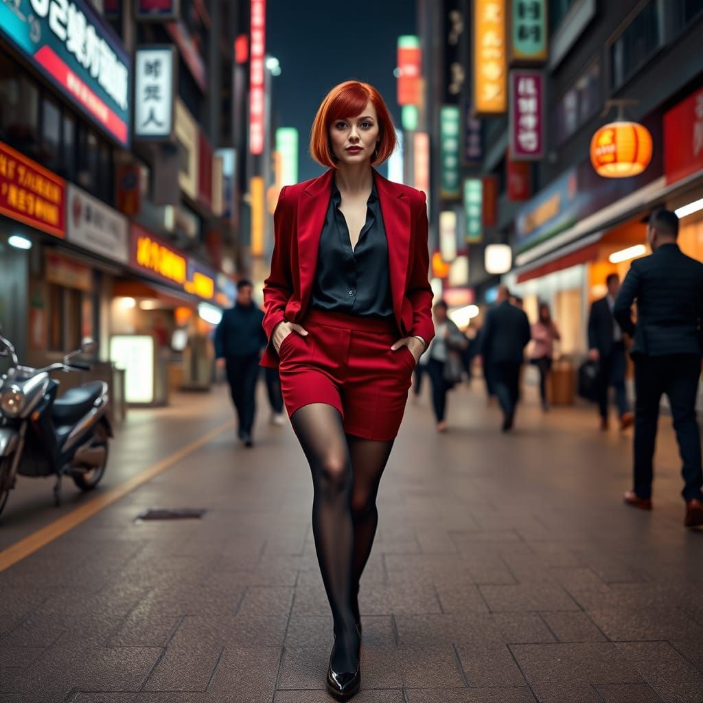 Hong Kong Night: Woman in Red Suit, Photorealistic Style
