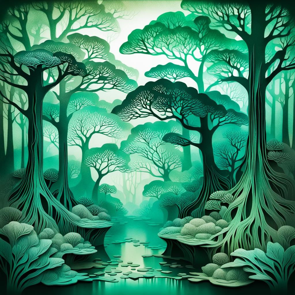 Botanical Landscape in Kirigami Style with Double Exposure