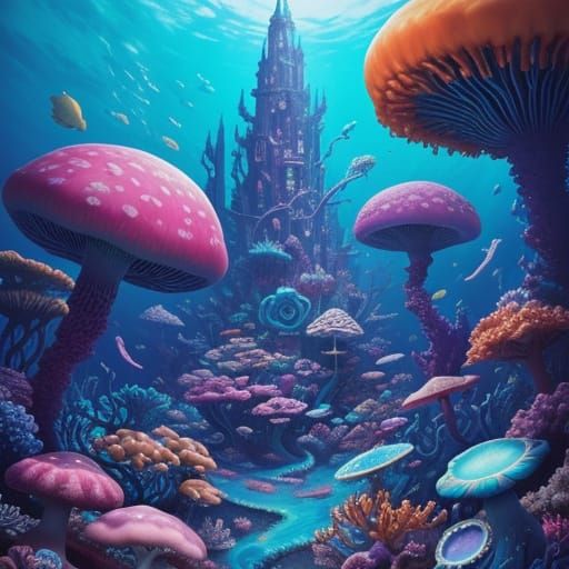 Surreal Underwater Scene: Melting Clocks & Bioluminescent Je...