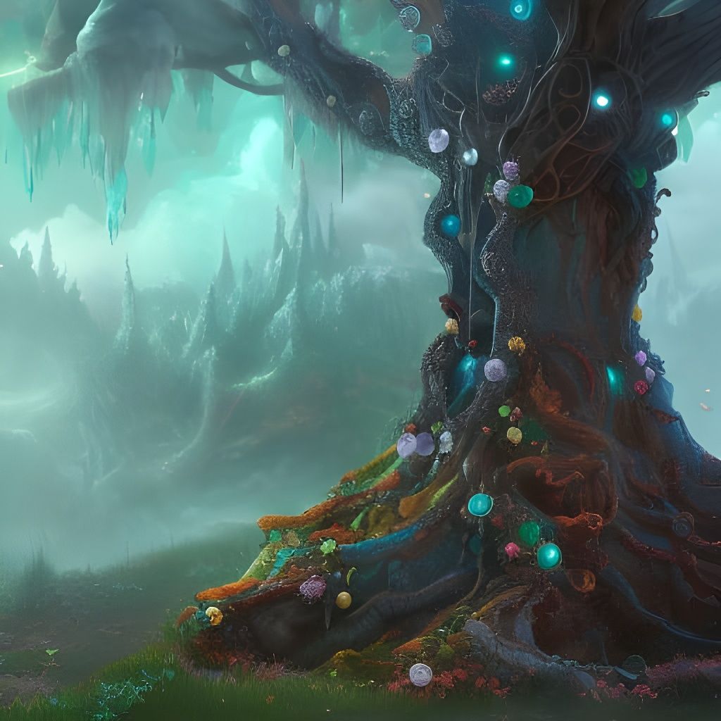 Fantastical Jewelry Tree Matte Painting in Deep Color