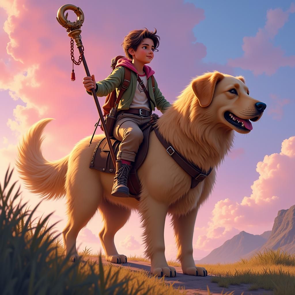 Adventurer Rides Golden Retriever in Fantasy Landscape
