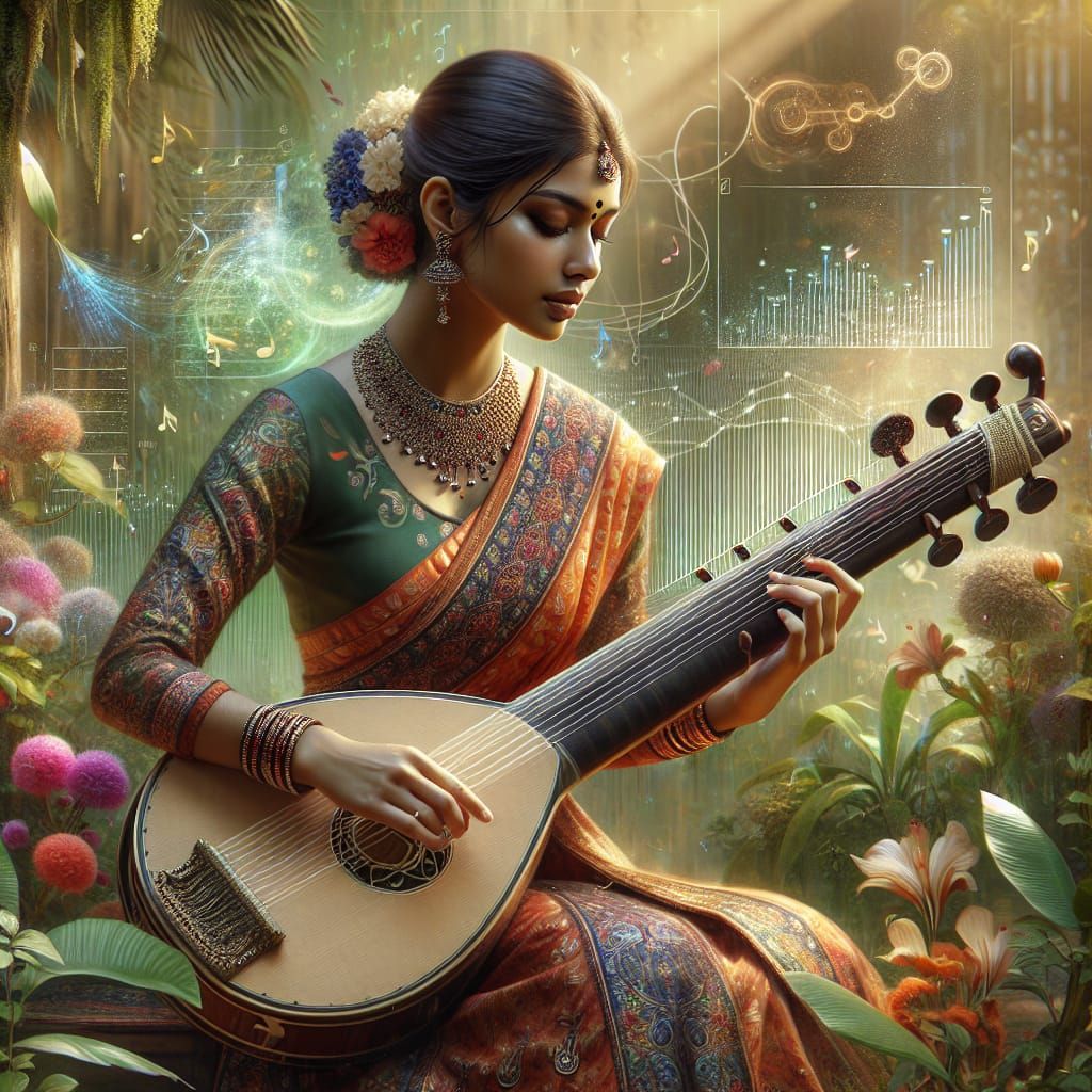 Harmonious Fusion: Woman, Veena, Garden, and Data