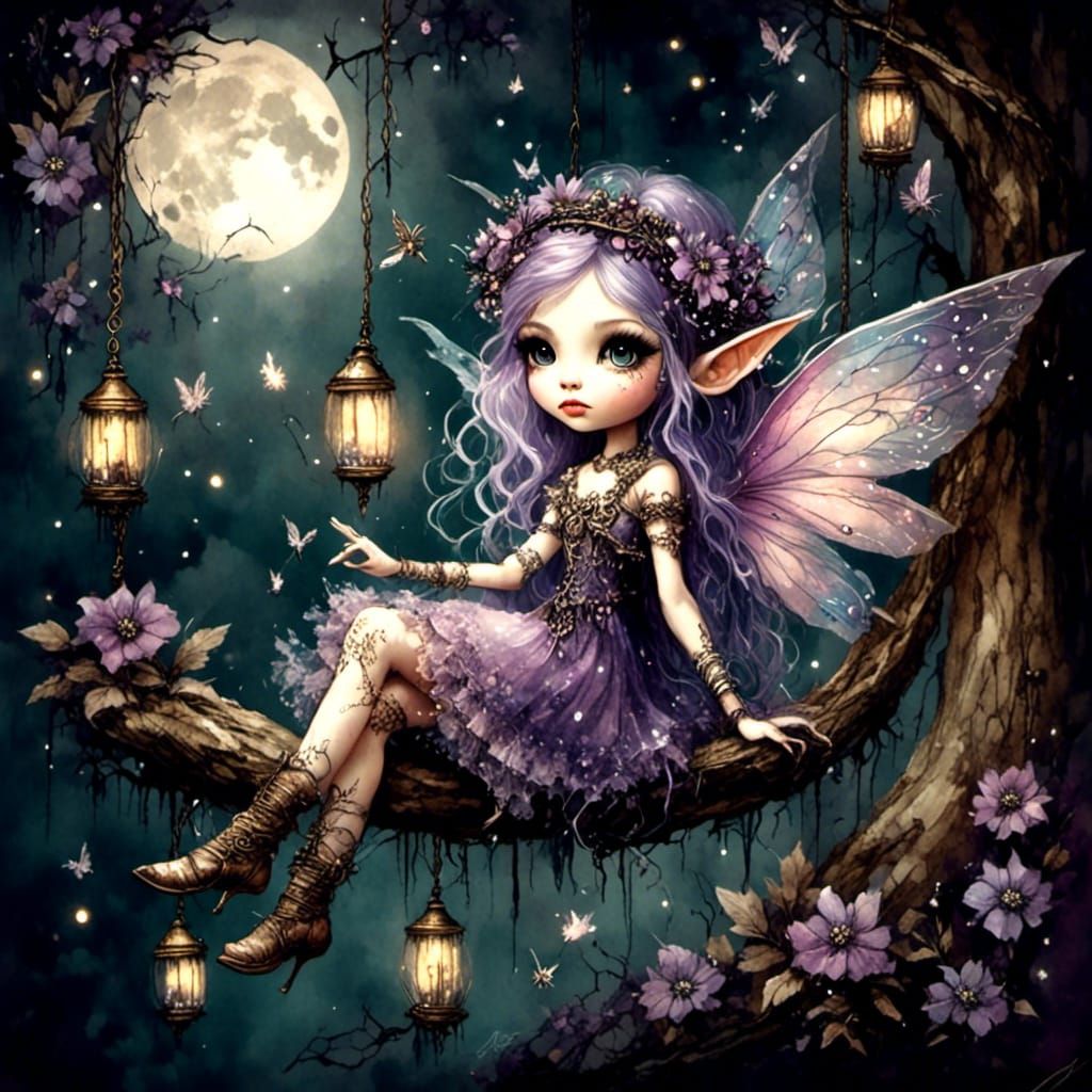 Chibi Hippie Pixie on Swing in Watercolor Forest