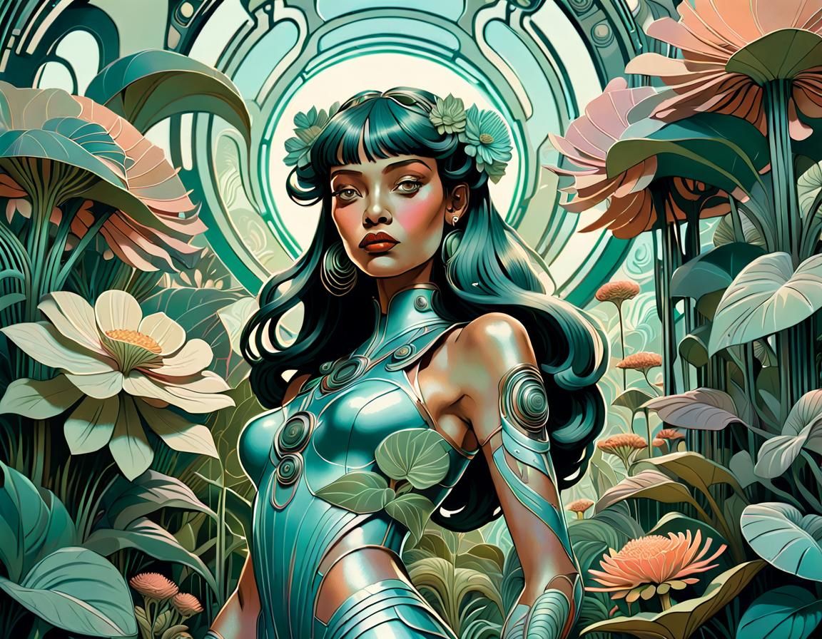 Lowbrow Art Nouveau Paradise with Retro Plants