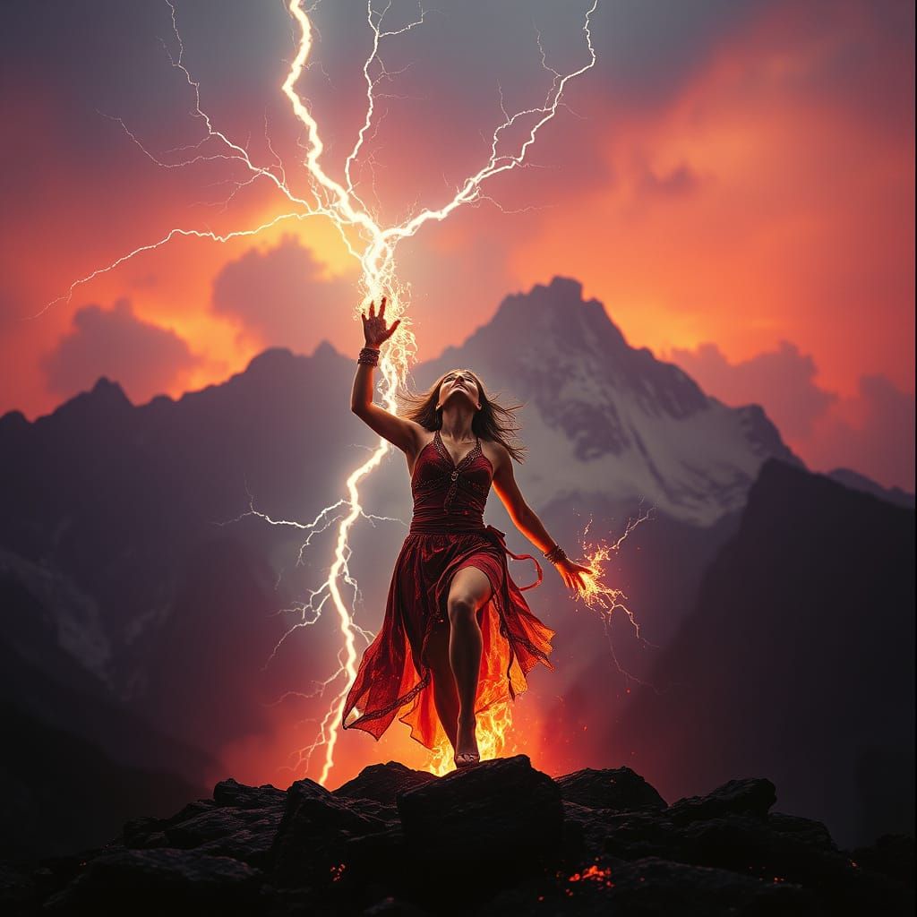Elemental Woman Forged of Lightning and Lava