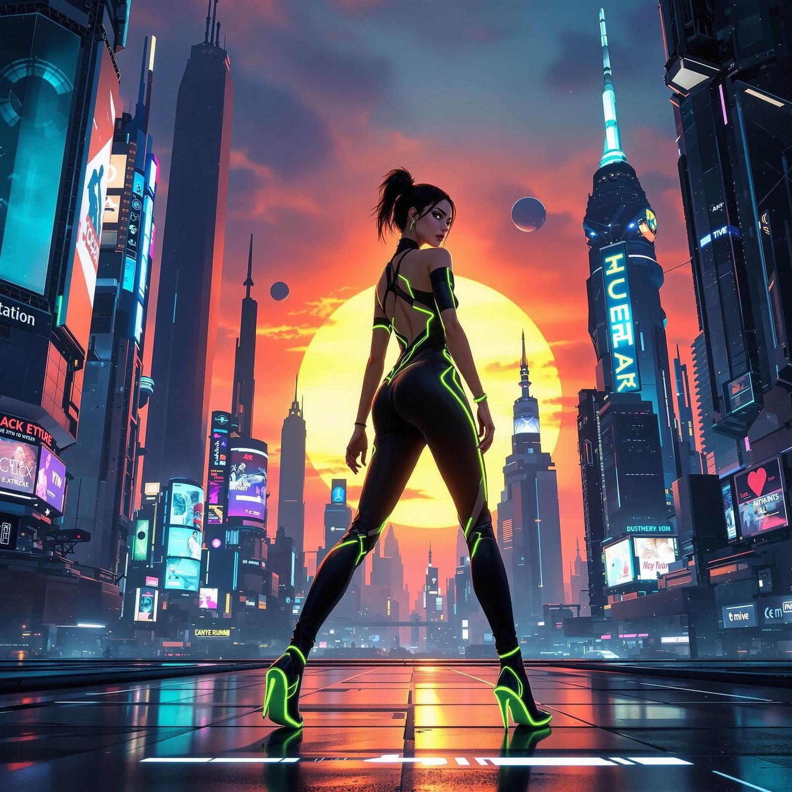 Confident Woman Enters Futuristic City at Sunset in Cyberpun...