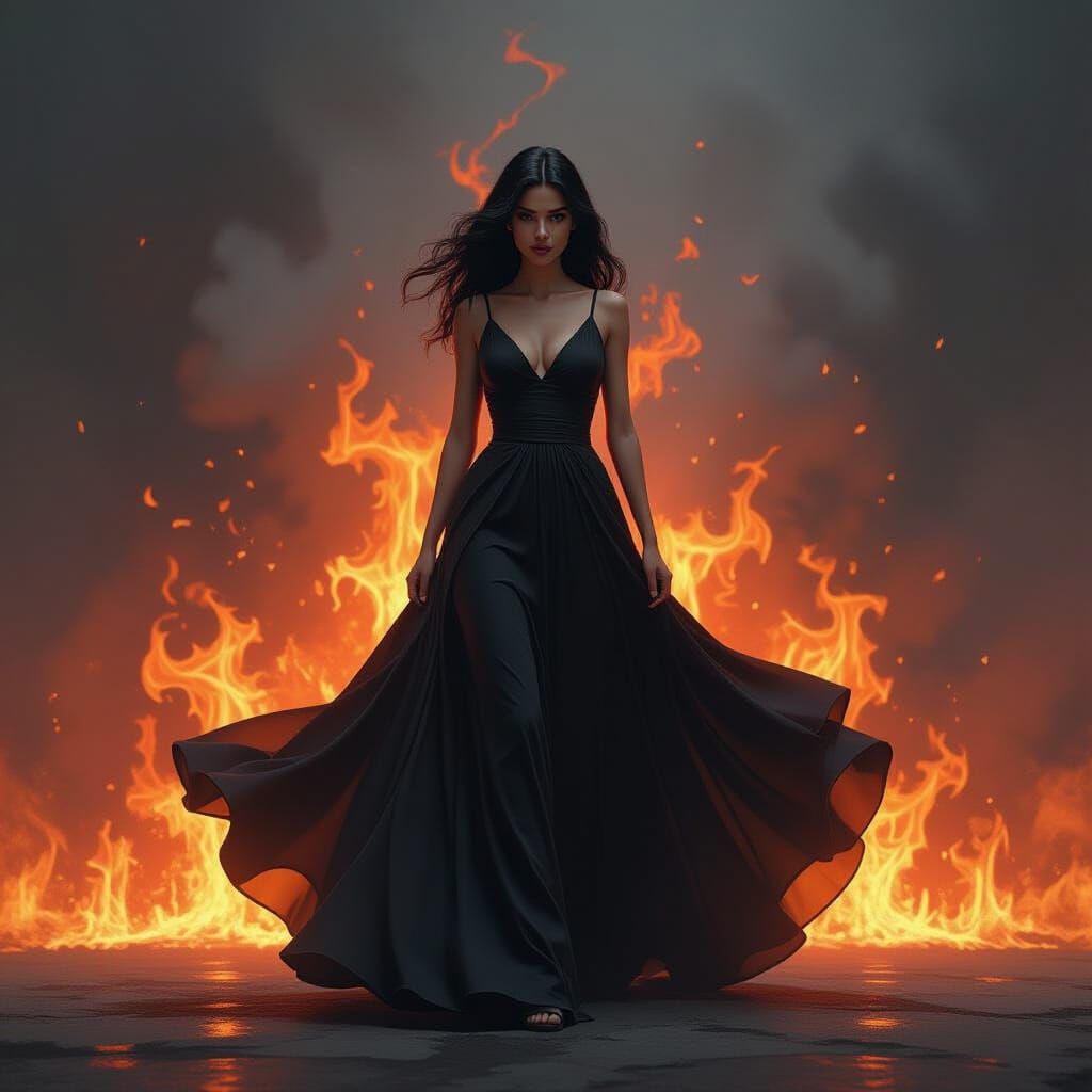 Woman Surrounded by Flames: Dark Digital Art