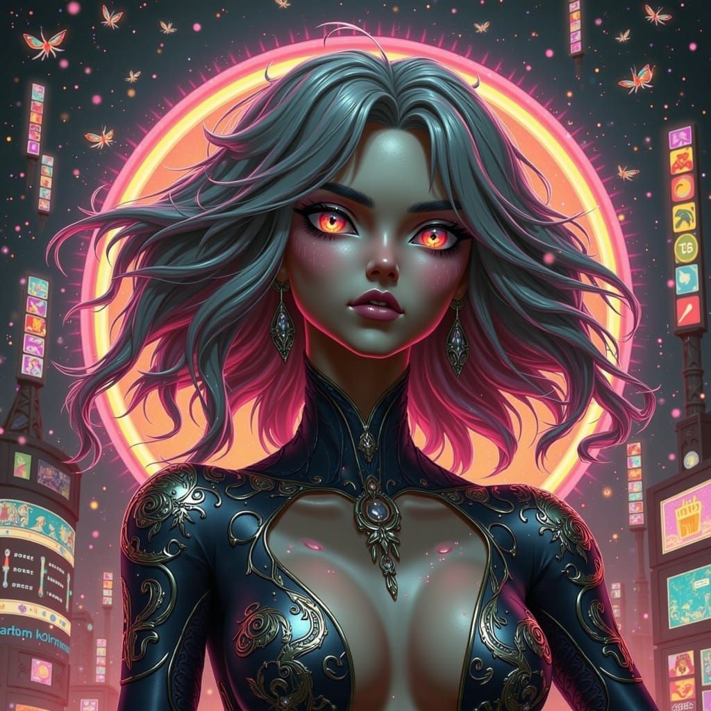 Cyberpunk Fae in Neon Cityscape