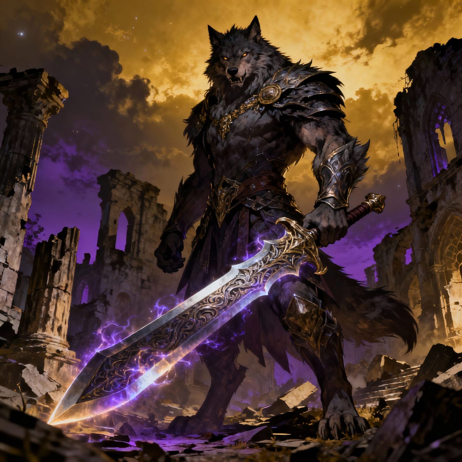 Epic Werewolf Warrior in Ancient Ruins
