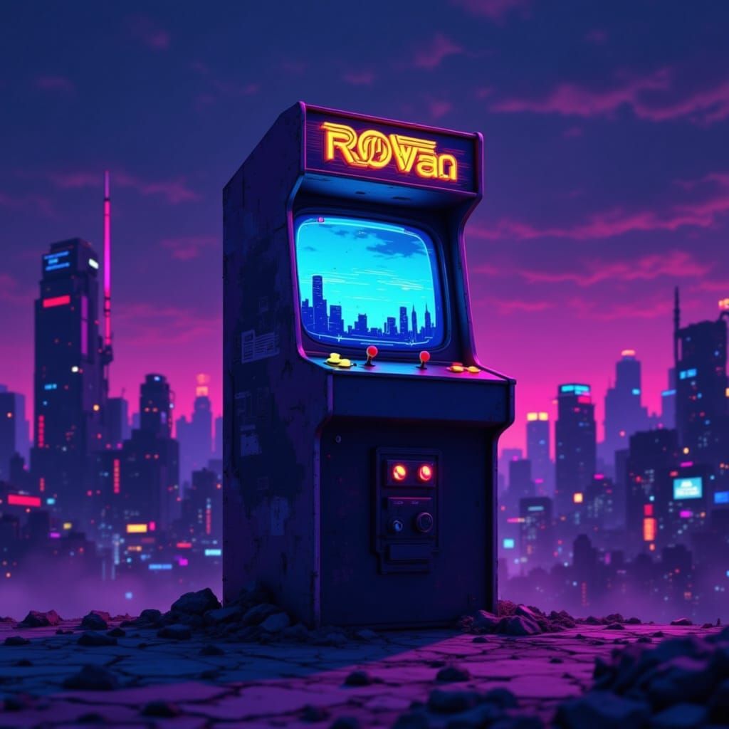 Retro-Futuristic Cityscape Through Arcade Screen Glitch