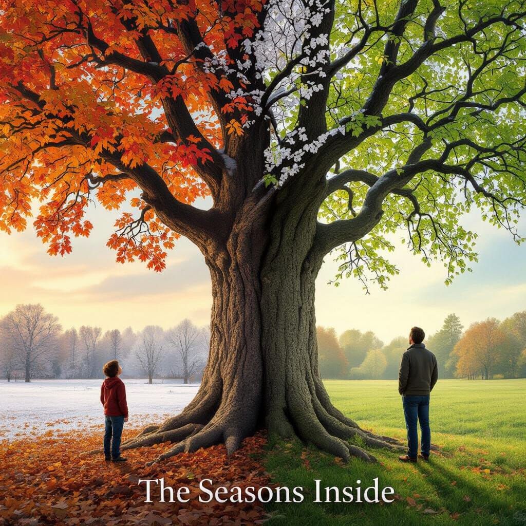 Ancient Tree Displays Four Seasons with Boy and Man