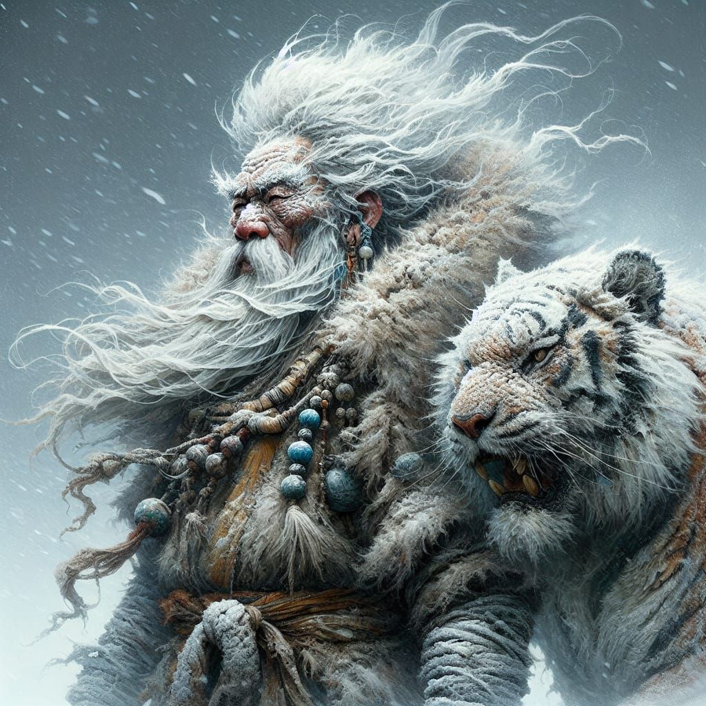 Monk and Tiger in Raging Snowstorm