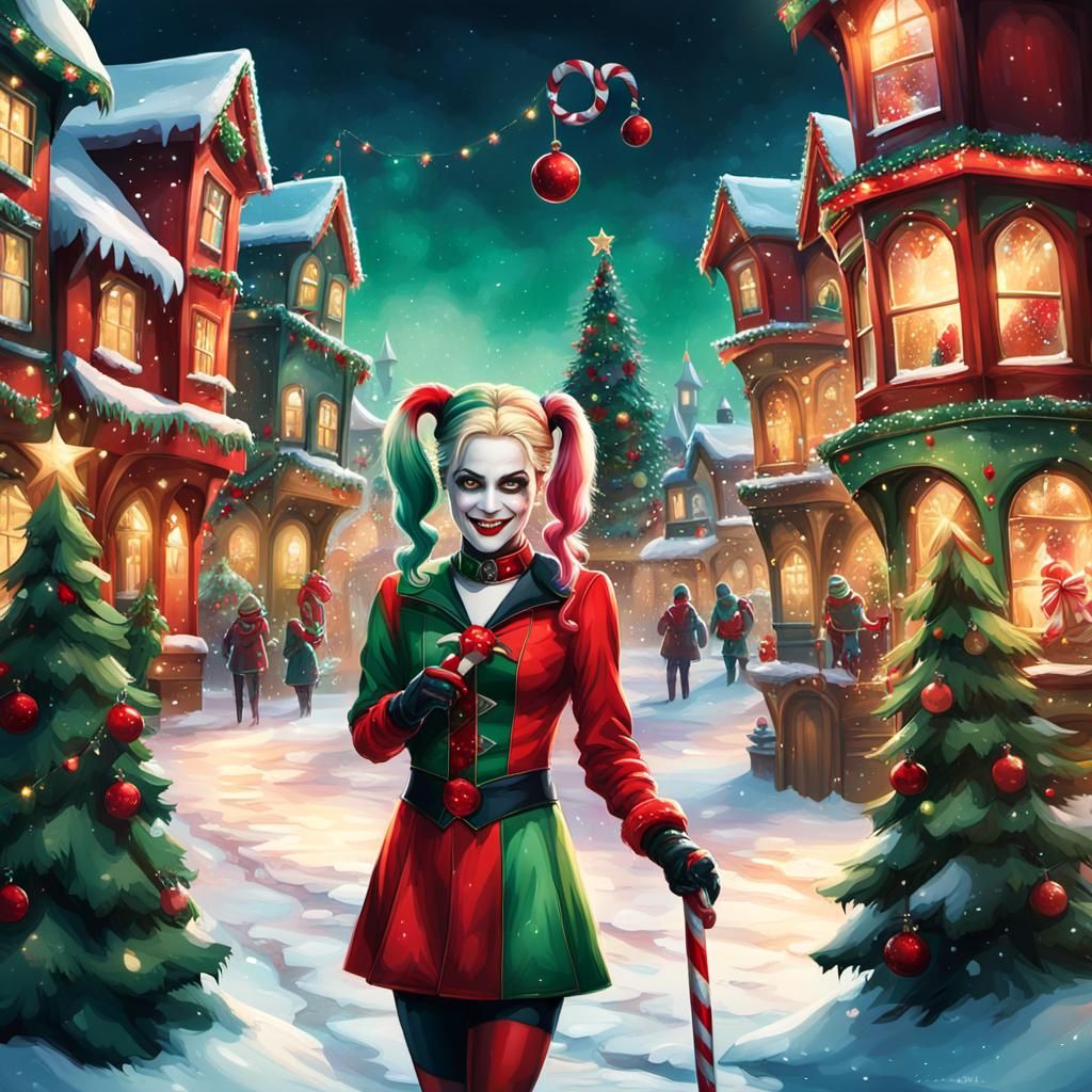 Harley Quinn Christmas Art in Oil Painting Style