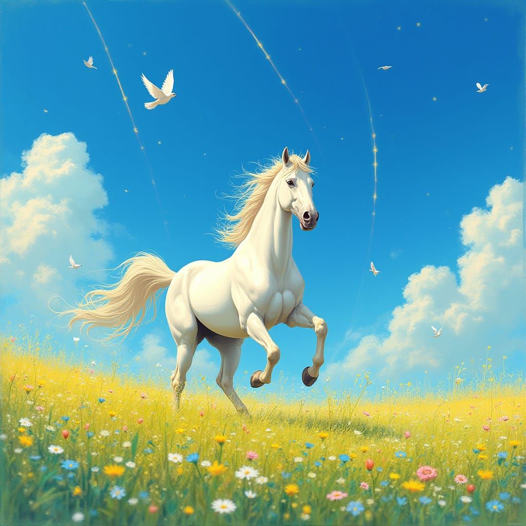 White Horse in Spring Meadow: Impressionistic Fantasy