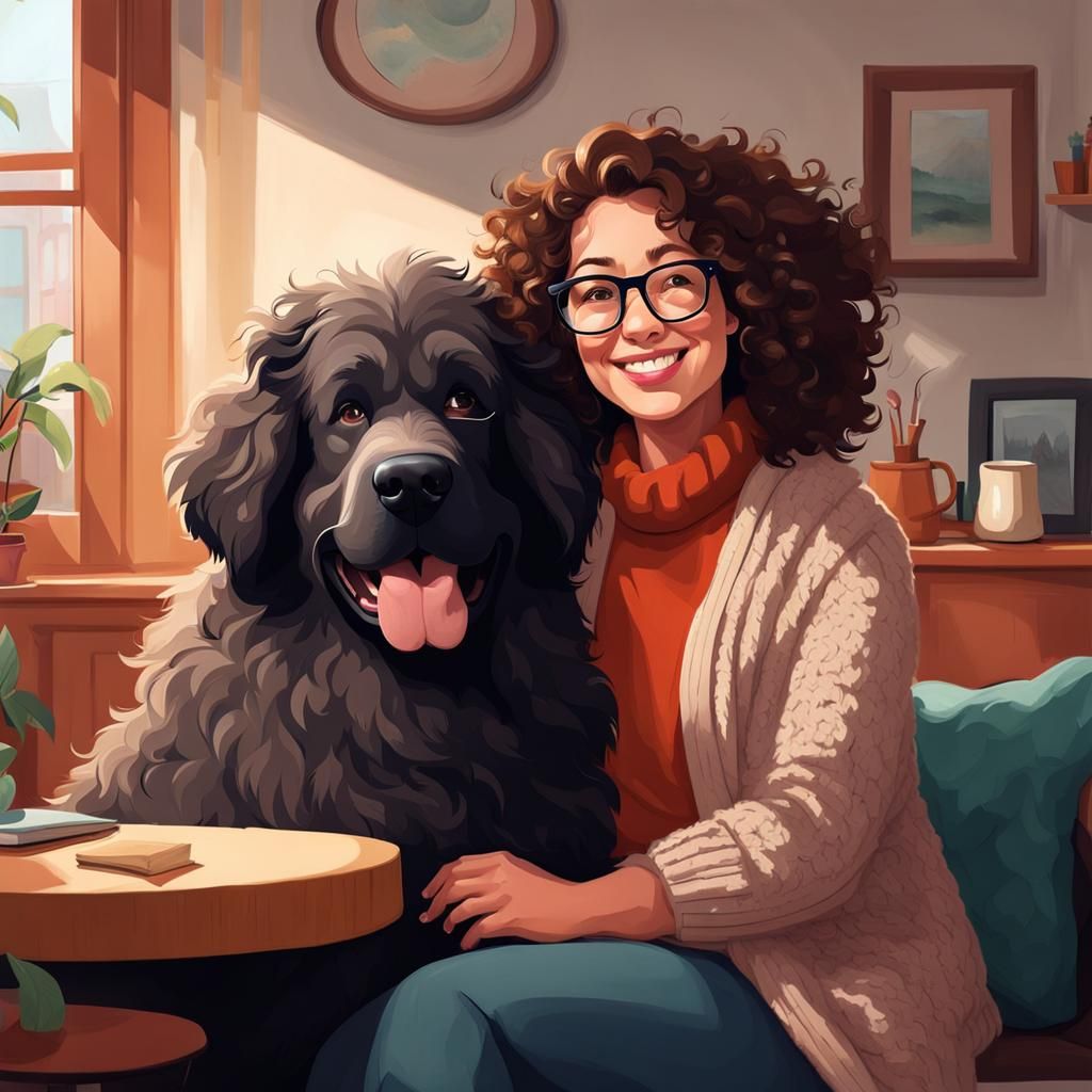 Woman and Newfoundland Dog in Cozy Apartment, Cel-Shaded