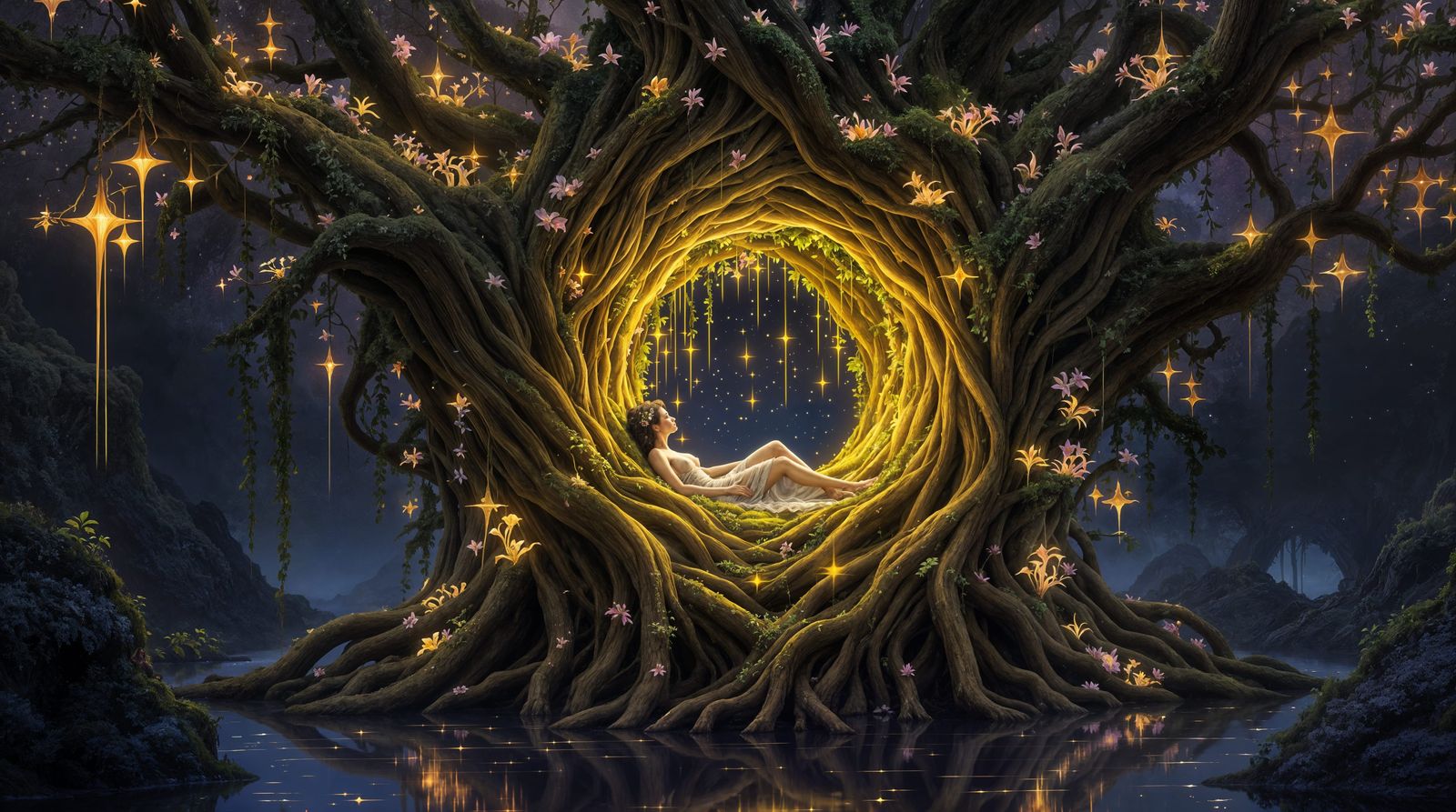 Surreal Fantasy Scene Inside a Majestic World Tree
