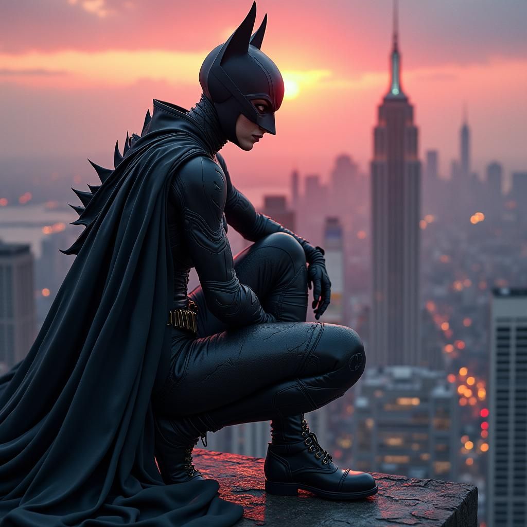 Batwoman in Graphene Suit on Gotham Skyscraper