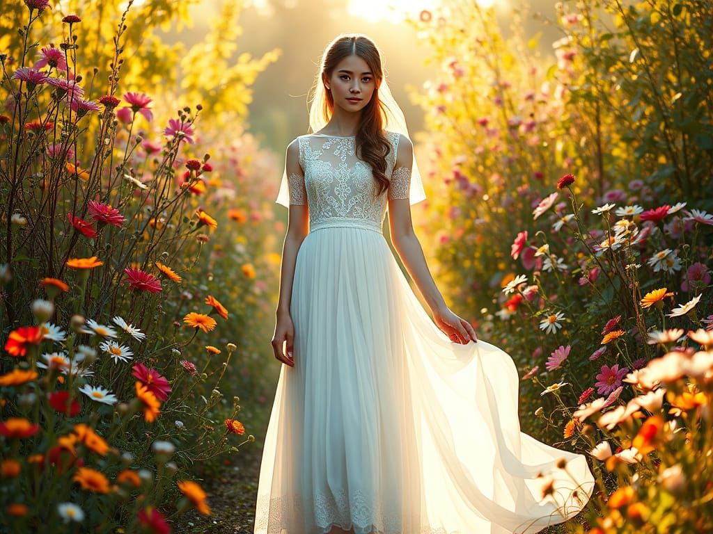 Ethereal Lily in a Vibrant Pre-Raphaelite Garden