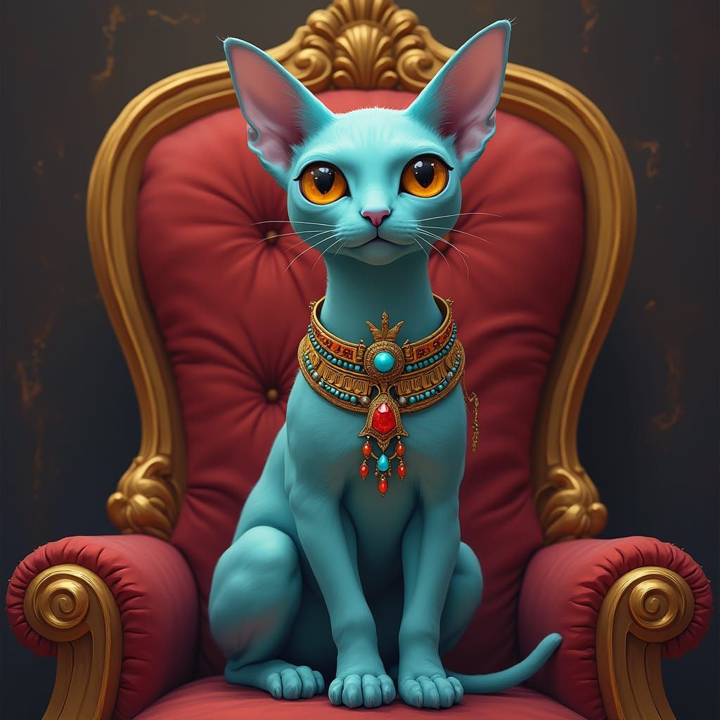 Egyptian Sphinx Cat on Throne, Surreal Art Style