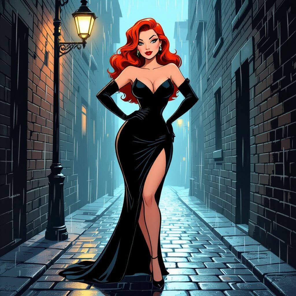 Cartoon Femme Fatale Posing in Film Noir Alleyway