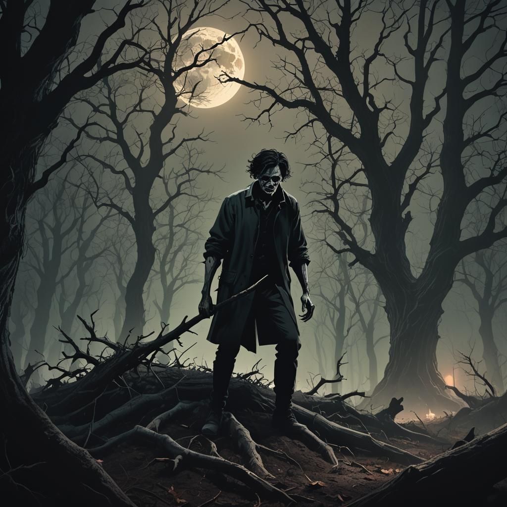 Ominous Figure Digging Grave in Gothic Forest