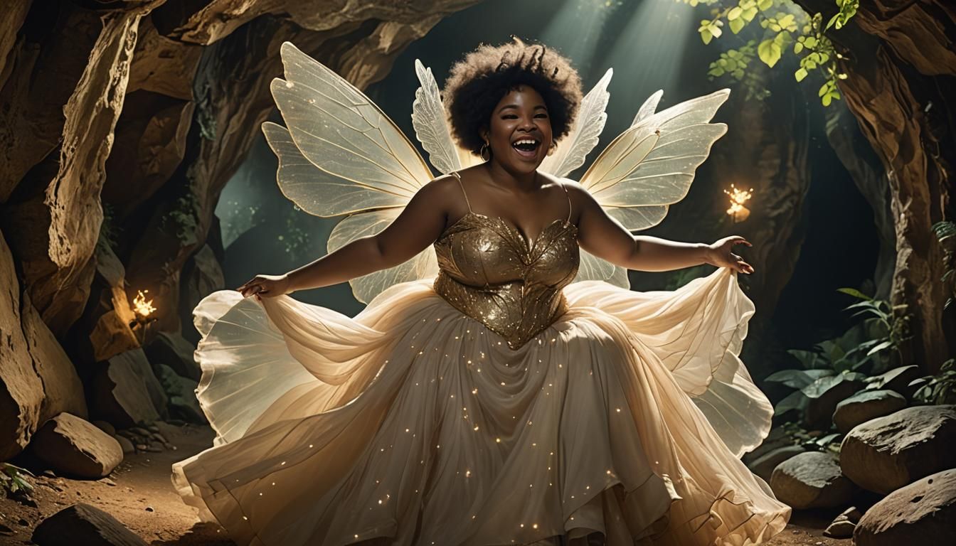 Ethereal Fairy with Glowing Wings in Underground Cave