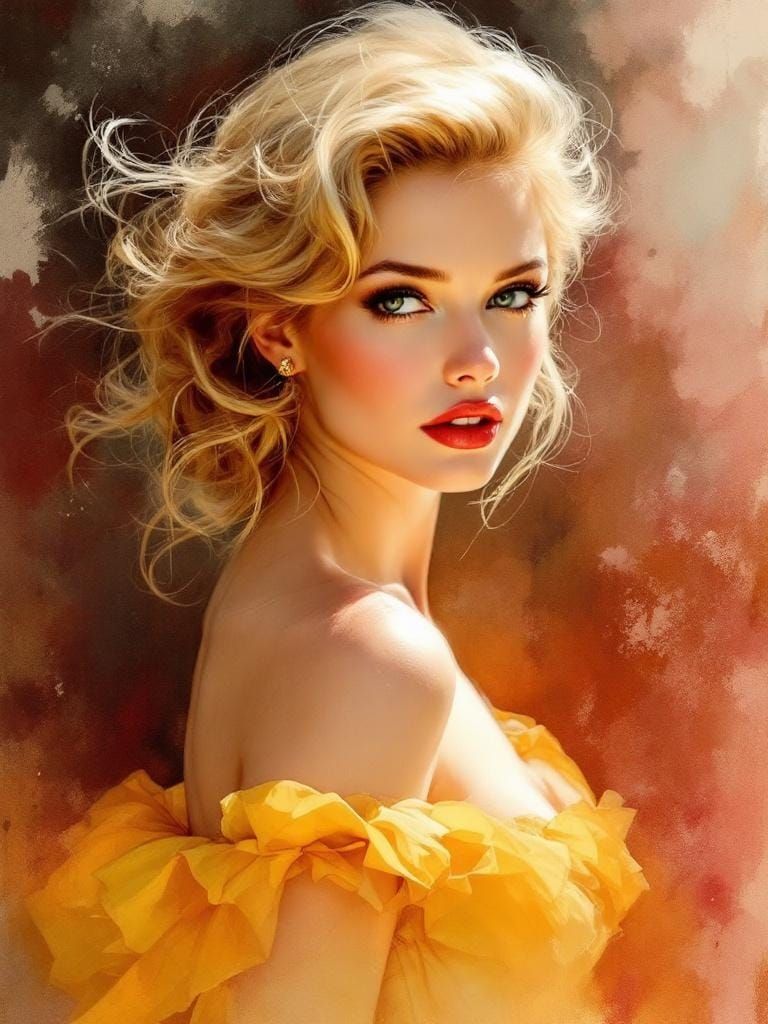 Glamorous Blonde in Watercolor, Hollywood Golden Age