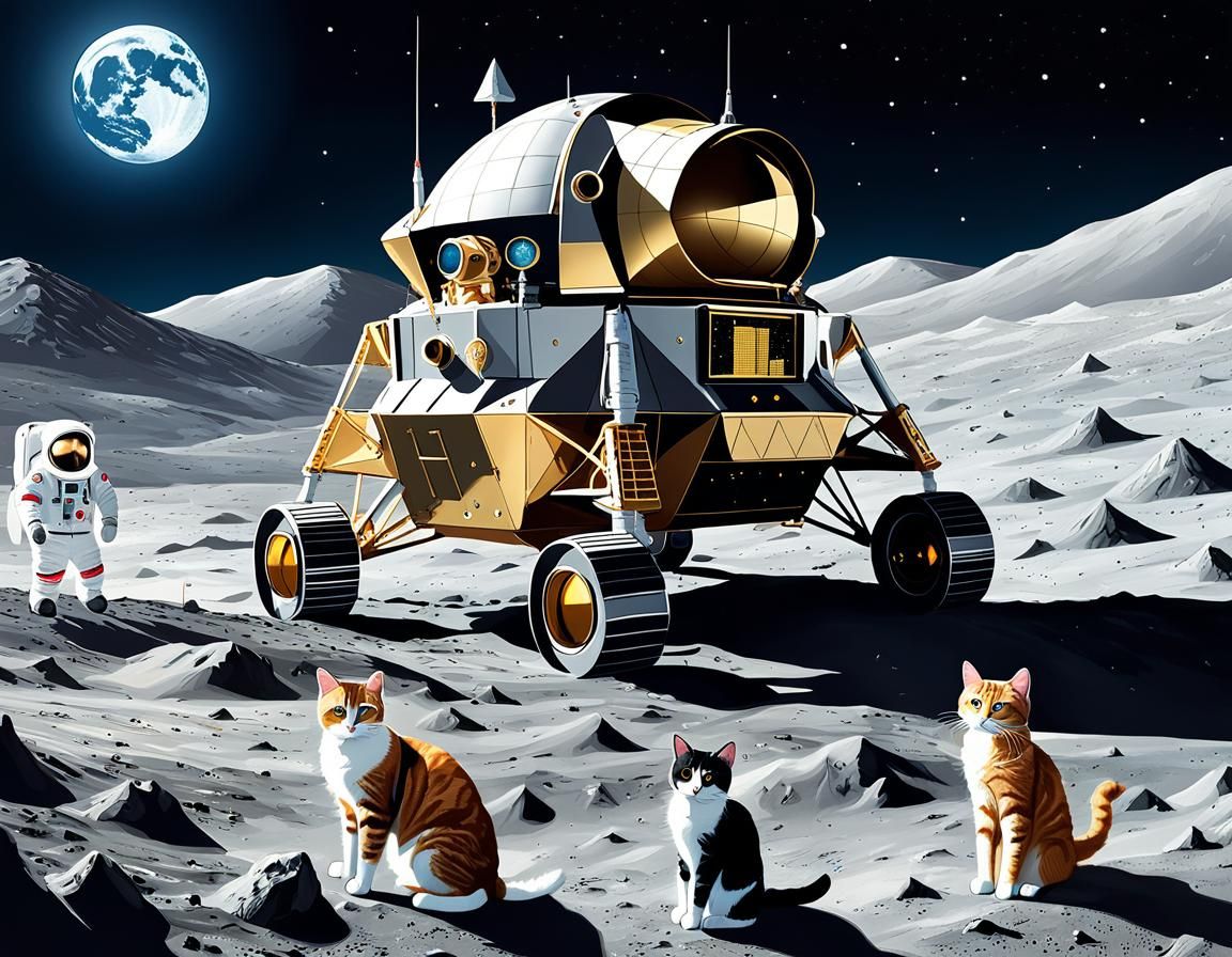 Cats on the Moon Next to Lunar Lander