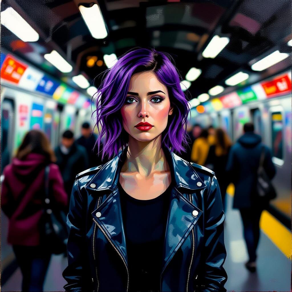 Woman in Busy Subway Station, Expressive Oil Painting