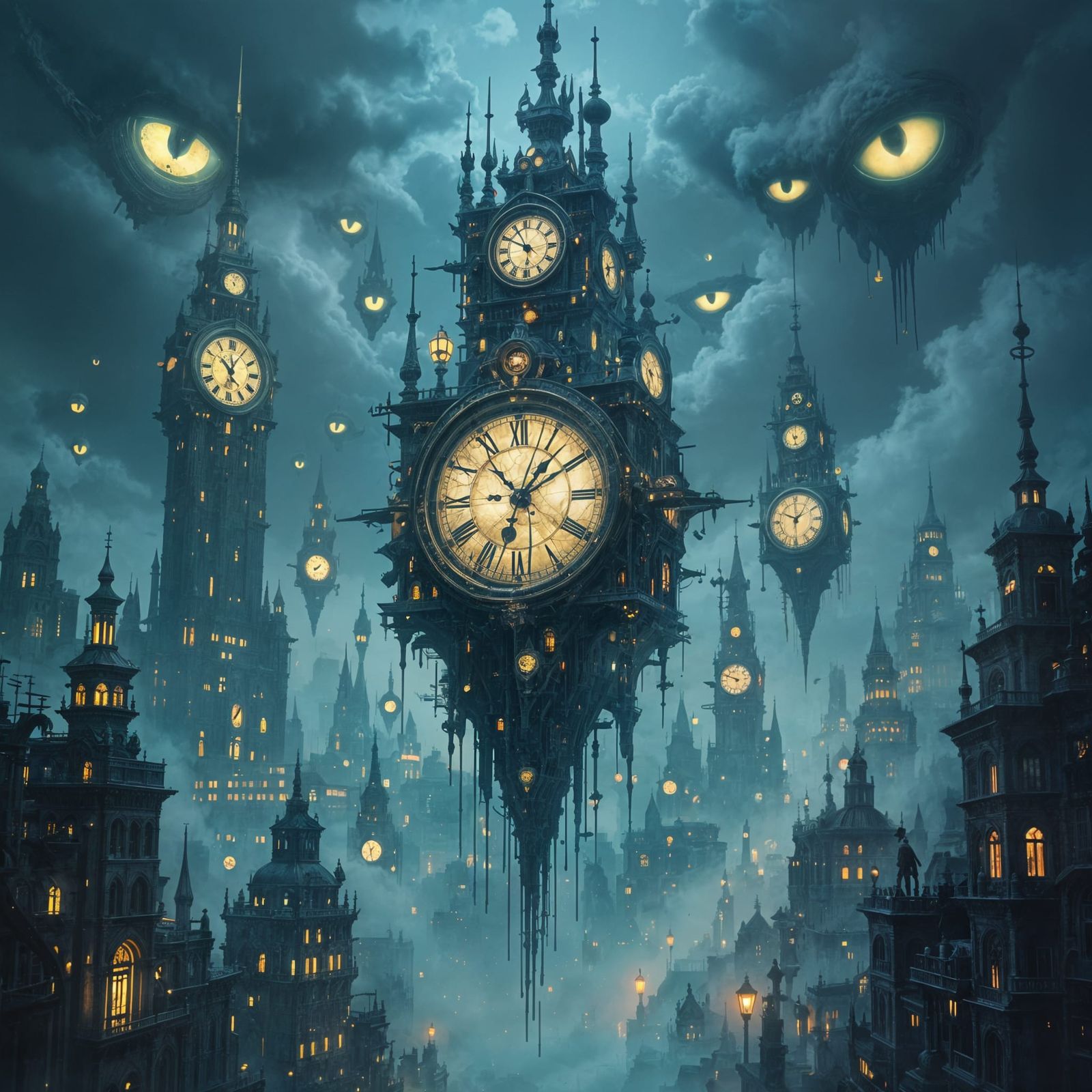 Surreal Clockwork Cityscape in Dreamlike Horror Style