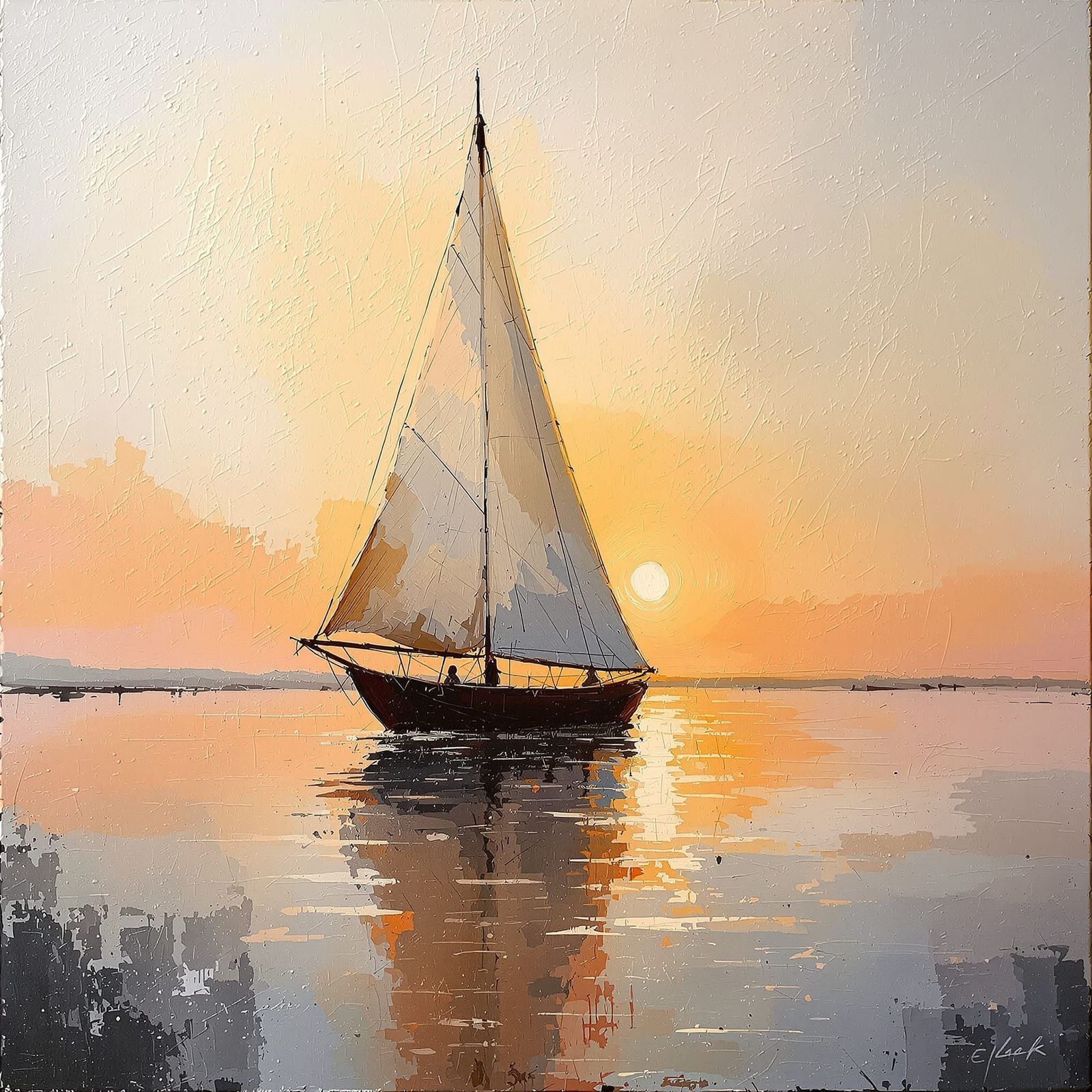 Sunset Sailboat on Lake, Impasto Oil Painting