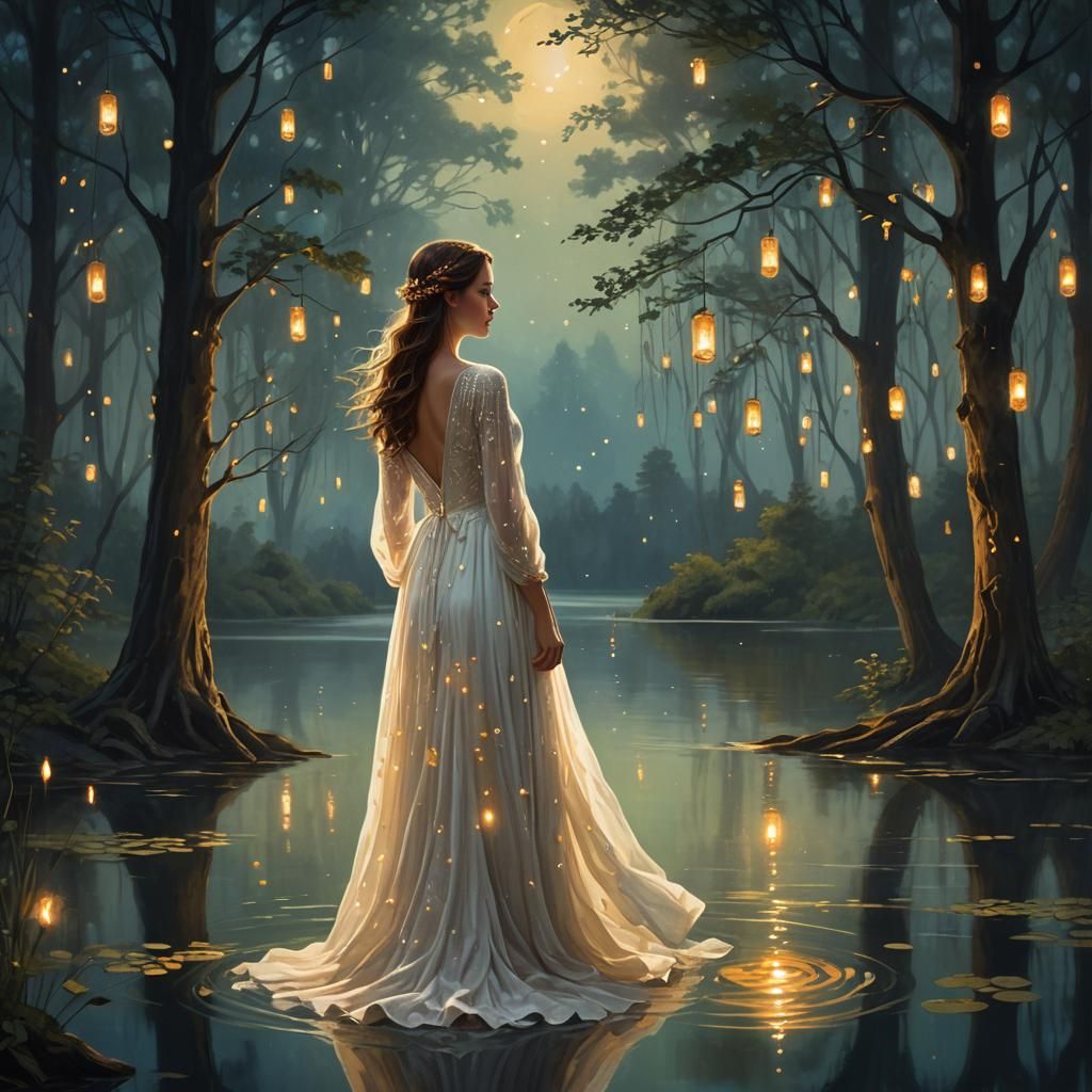 Serene Woman in Dreamlike Nocturnal Landscape