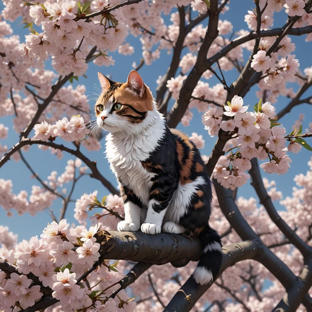 Cat Grooming Under Cherry Tree in Anime Style