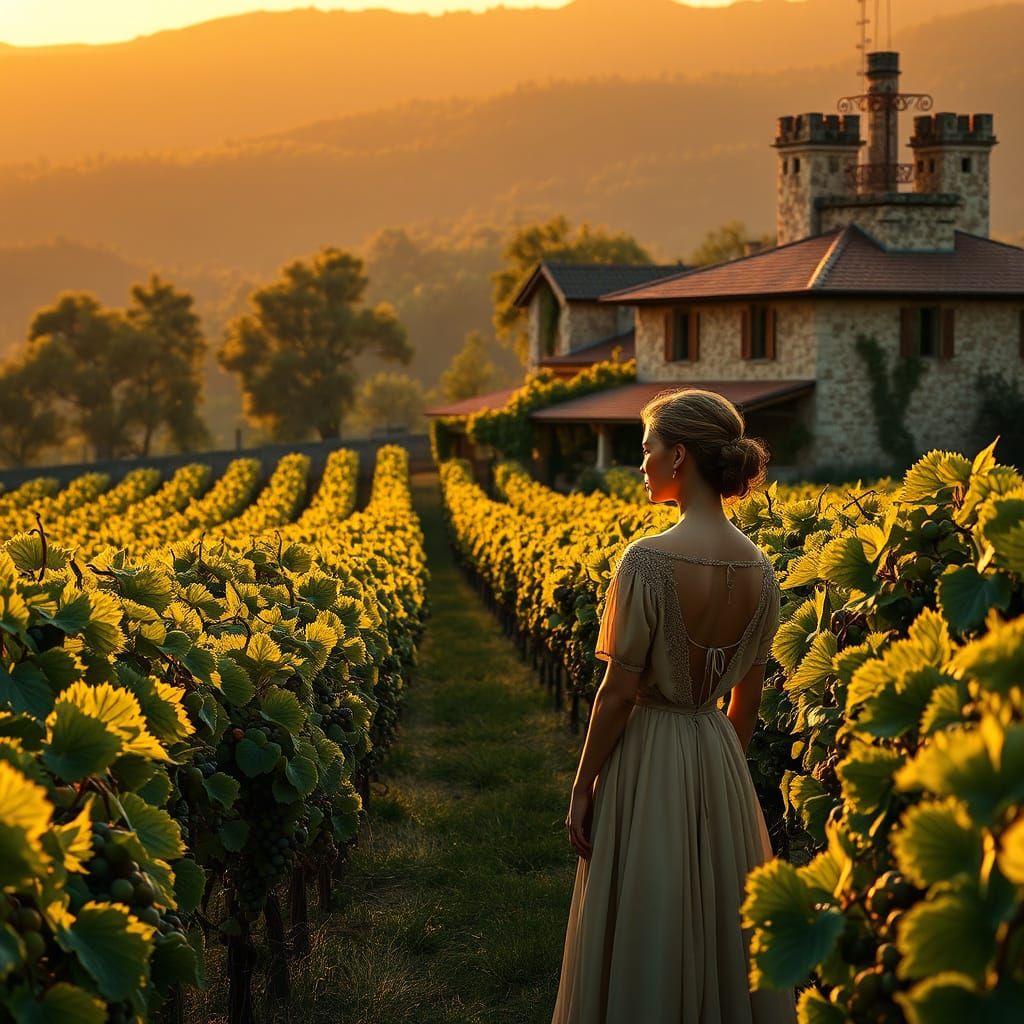 Idyllic Vineyard at Golden Hour, Realism Style