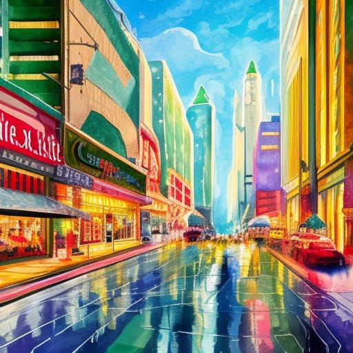 Starlit Mint City Gouache Painting