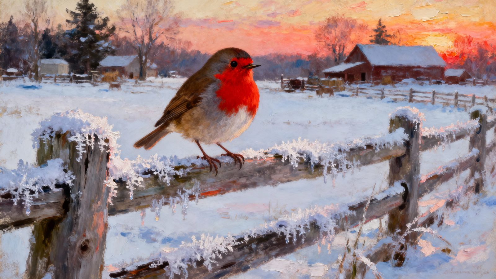 Hyper-Realistic Robin Perched on Snowy Fence at Sunset