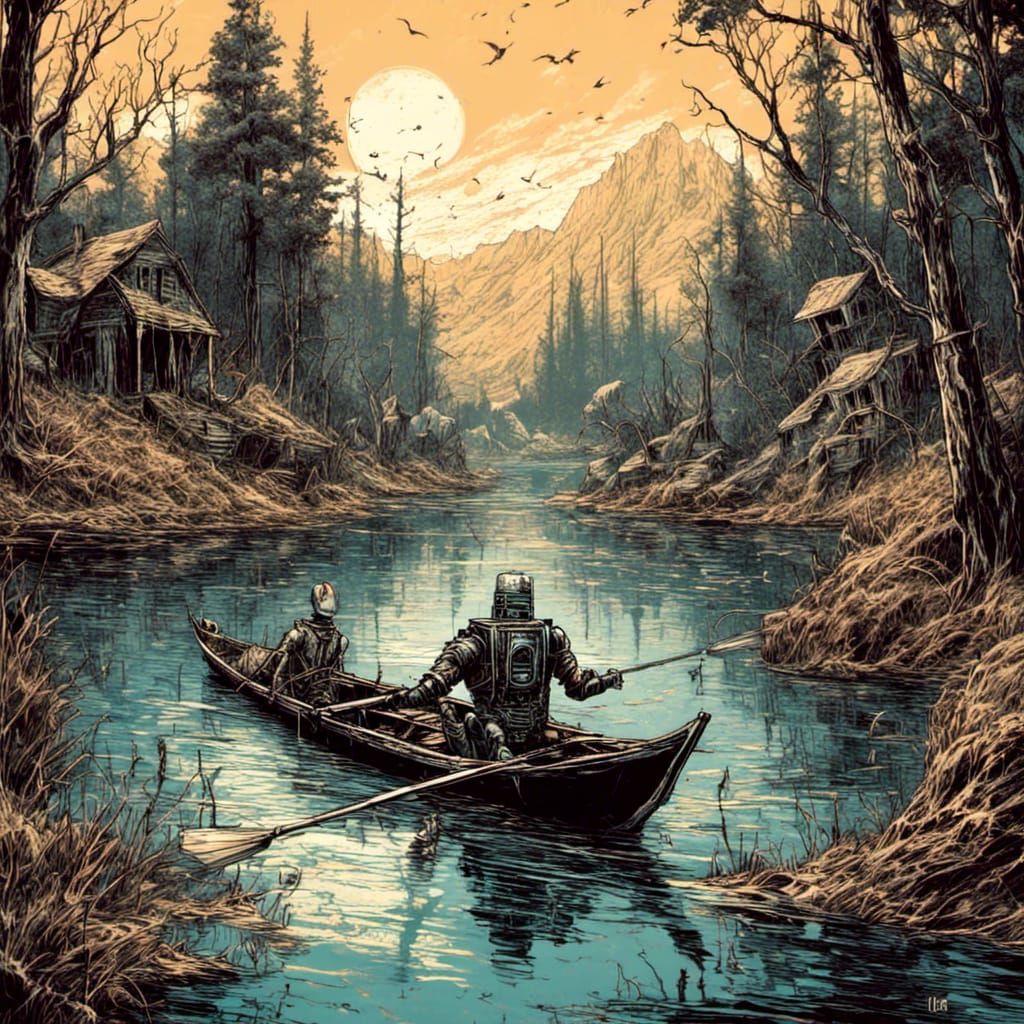 Stitchpunk Robot Rows Boat: Comic Book Art