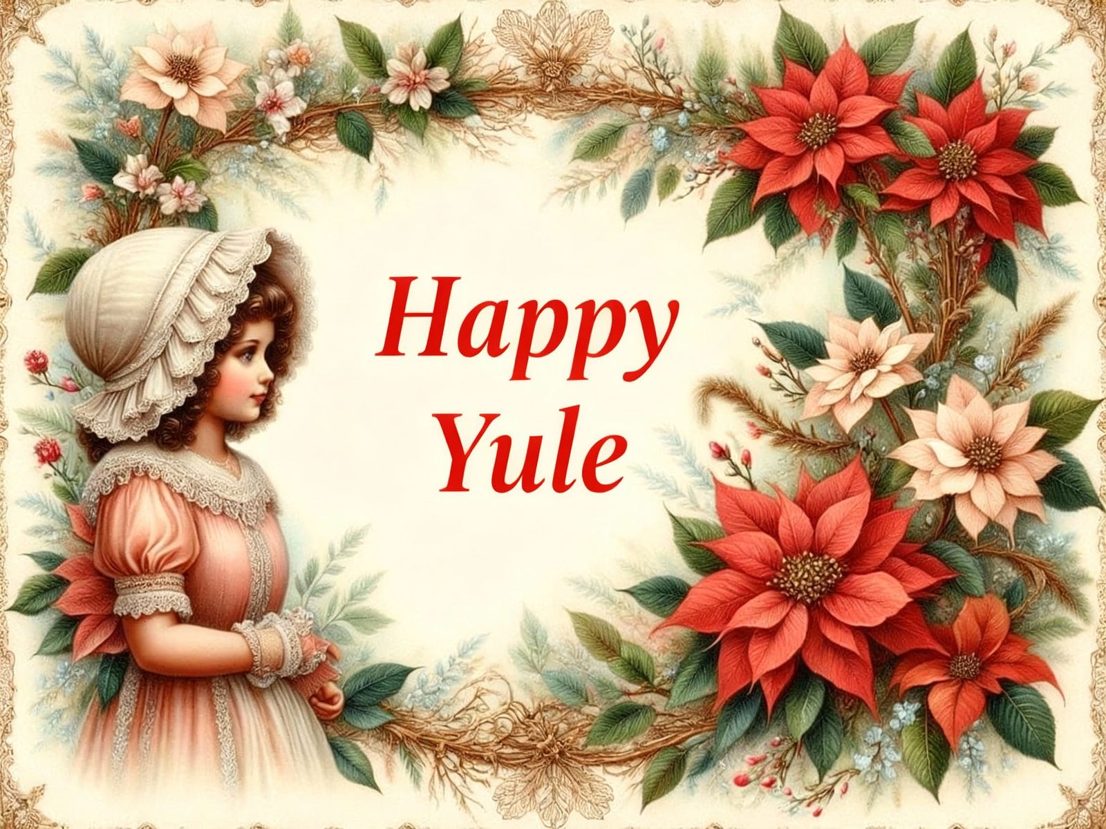 Victorian Christmas Card with Girl and Poinsettias
