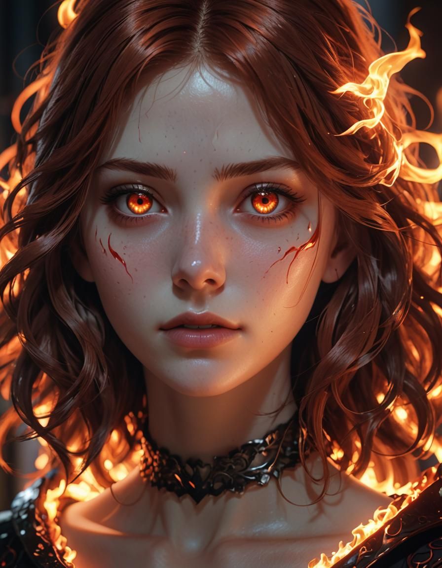Fiery Reflection: Anime Girl in Hyper-Realistic 3D