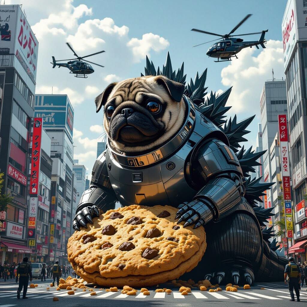 Giant Robot Pug Eats Cookie in Tokyo, Hyper-Realistic