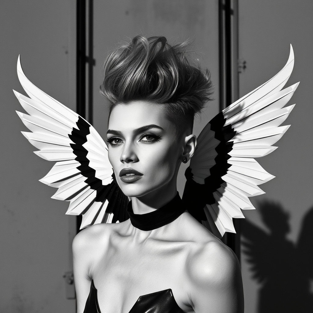 Geometric Winged Model in Dada-Inspired Fashion Photo