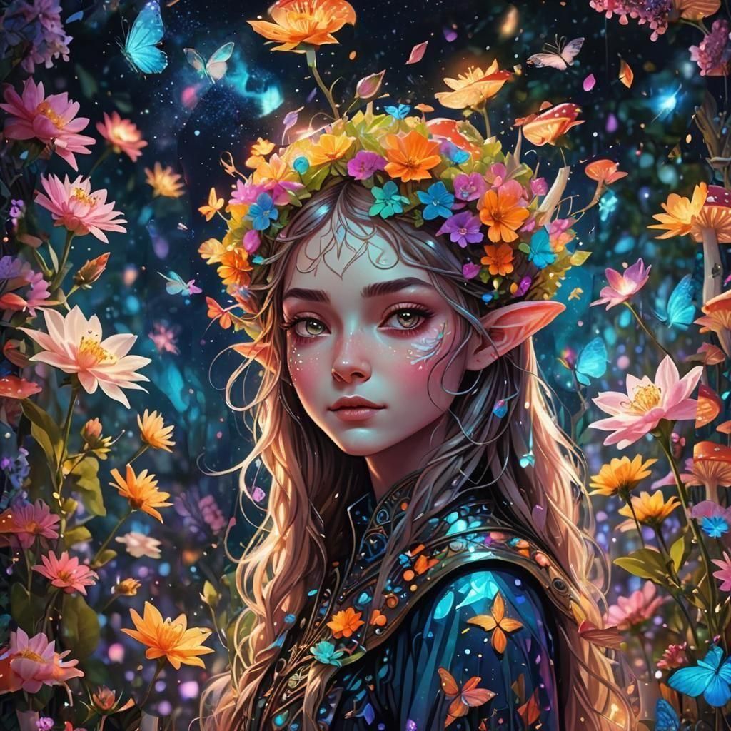 Floral Elf: Holographic Astral Illustration
