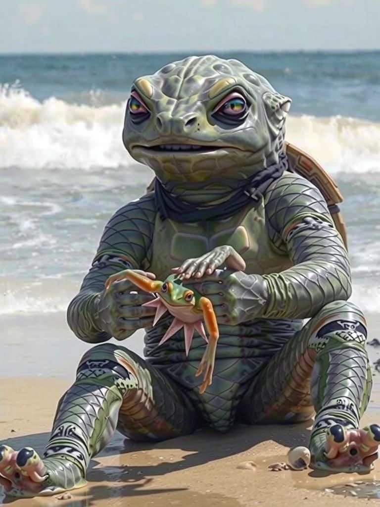 Reptilian Alien Sits Serenely on Turquoise Beach with Vibran...